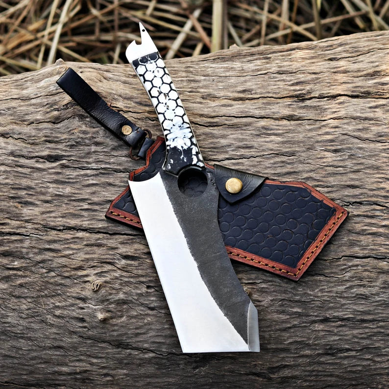 Arham Cutlery Hand-Forged J2 Steel Cleaver Knife – 12” Artisan Blade with Honeycomb Resin Handle & Leather Sheath - Arham Cutlery