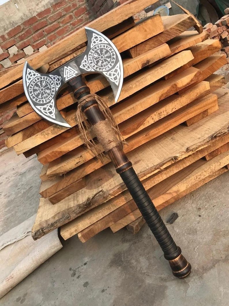 Custom Forged Viking Double-Edge Axe – High Carbon Steel with Wooden Handle & Leather Guard Arham Cutlery