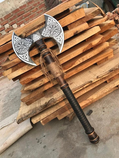 Custom Forged Viking Double-Edge Axe – High Carbon Steel with Wooden Handle & Leather Guard Arham Cutlery