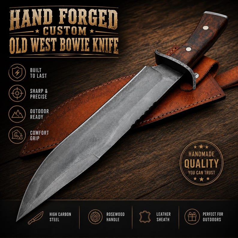 Classic Carbon Steel Bowie Knife with Wood Grip & Leather Sheath Arham Cutlery