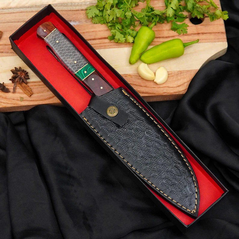 Custom Damascus Kitchen Knife | 7” 440C Stainless Steel Chef Knife with Honeycomb Resin & Malachite Handle Arham Cutlery
