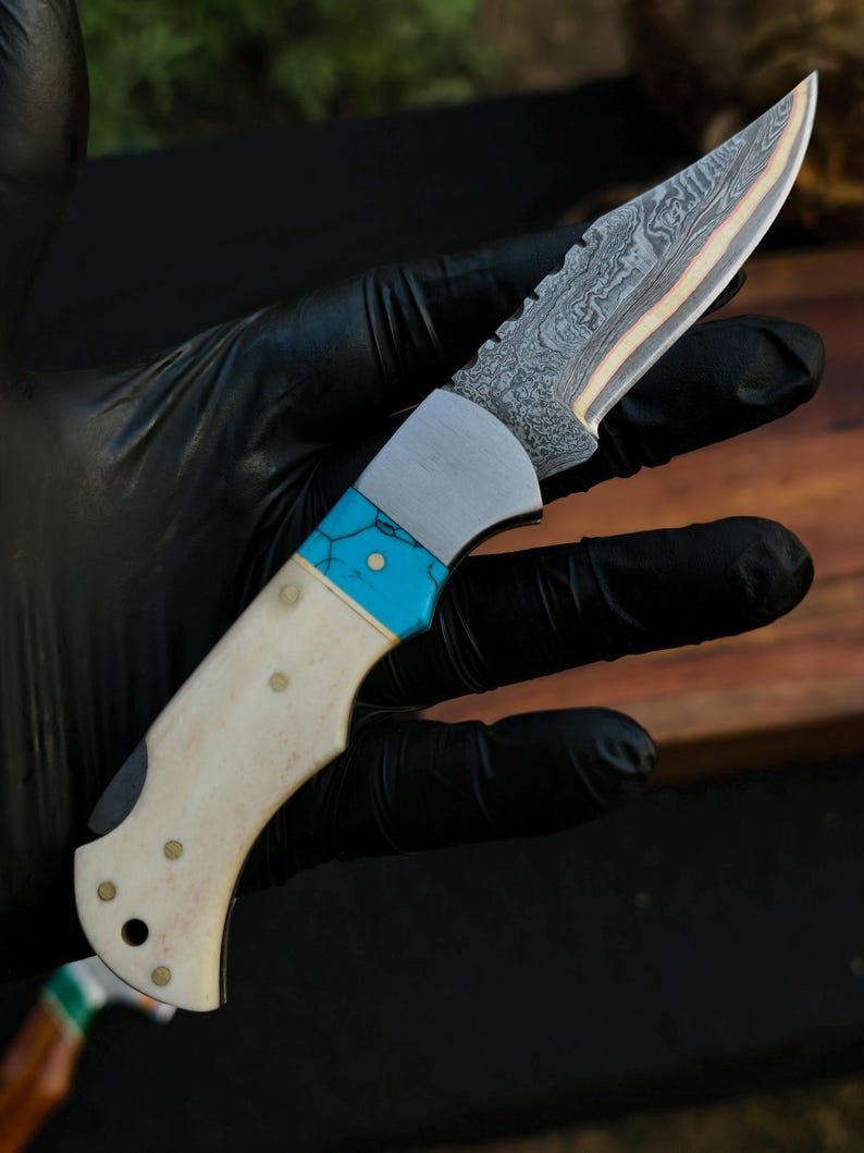 Handmade Damascus Pocket Knife with Camel Bone & Turquoise Inlay | Copper Brass Core Folding Knife Arham Cutlery