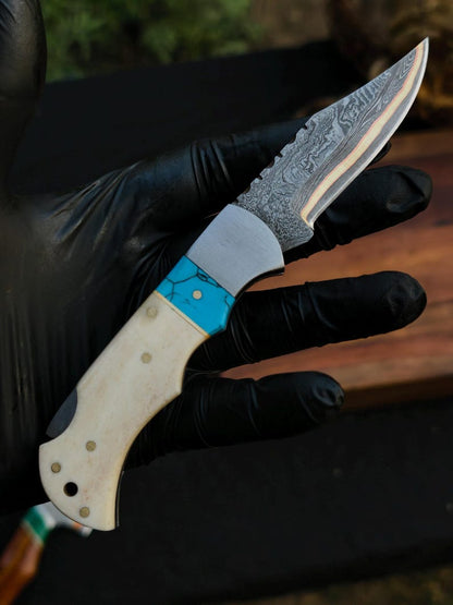 Handmade Damascus Pocket Knife with Camel Bone & Turquoise Inlay | Copper Brass Core Folding Knife Arham Cutlery