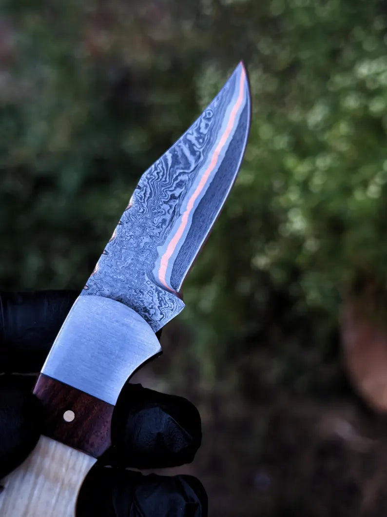 Custom Damascus Pocket Knife with Rosewood & Ram Horn Handle | Handmade Folding Collector Knife Arham Cutlery