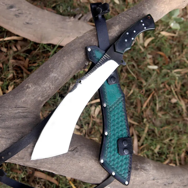 Arham Cutlery Handcrafted J2 Steel Hunting Machete – Curved 18.5” Full Tang Blade with Green Micarta Handle & Leather Sheath