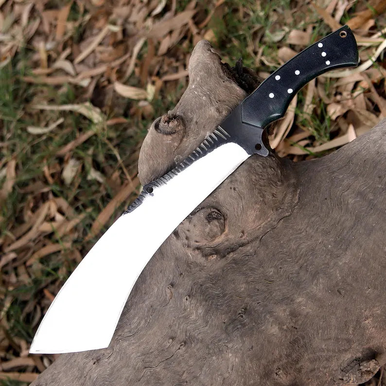 Arham Cutlery Handcrafted J2 Steel Hunting Machete – Curved 18.5” Full Tang Blade with Green Micarta Handle & Leather Sheath