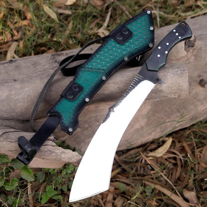 Arham Cutlery Handcrafted J2 Steel Hunting Machete – Curved 18.5” Full Tang Blade with Green Micarta Handle & Leather Sheath
