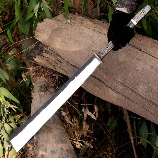 Arham Cutlery Handcrafted J2 Steel Machete – 30.5” Full Tang Bushcraft Blade with Wood & Resin Handle and Leather Sheath - Arham Cutlery
