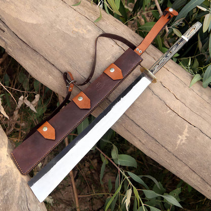 Arham Cutlery Handcrafted J2 Steel Machete – 30.5” Full Tang Bushcraft Blade with Wood & Resin Handle and Leather Sheath