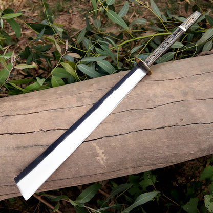 Arham Cutlery Handcrafted J2 Steel Machete – 30.5” Full Tang Bushcraft Blade with Wood & Resin Handle and Leather Sheath