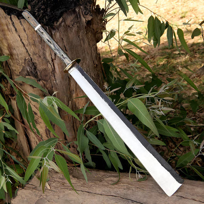 Arham Cutlery Handcrafted J2 Steel Machete – 30.5” Full Tang Bushcraft Blade with Wood & Resin Handle and Leather Sheath