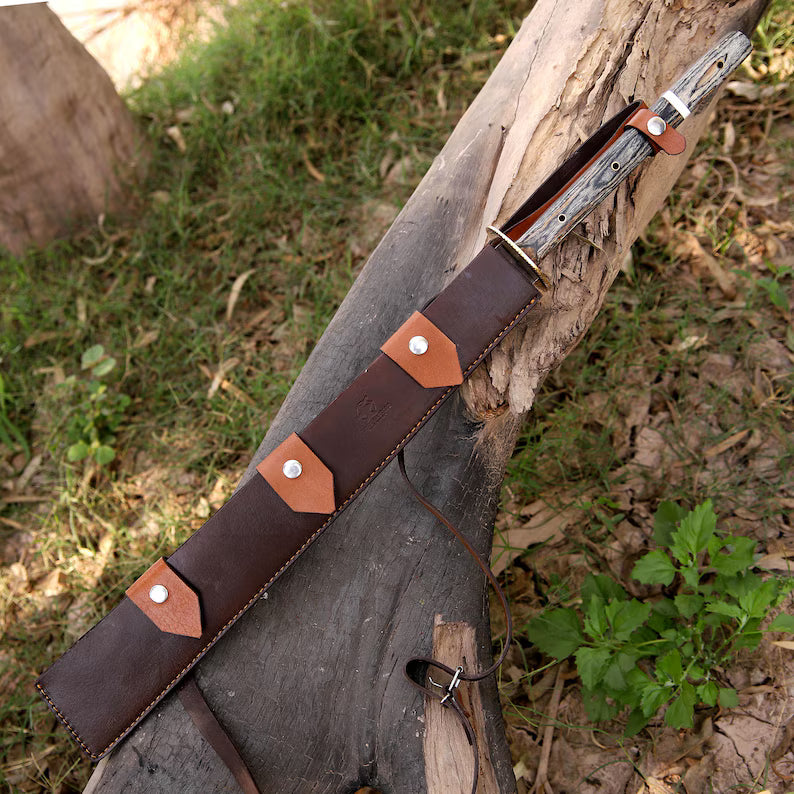 Arham Cutlery Handcrafted J2 Steel Machete – 30.5” Full Tang Bushcraft Blade with Wood & Resin Handle and Leather Sheath