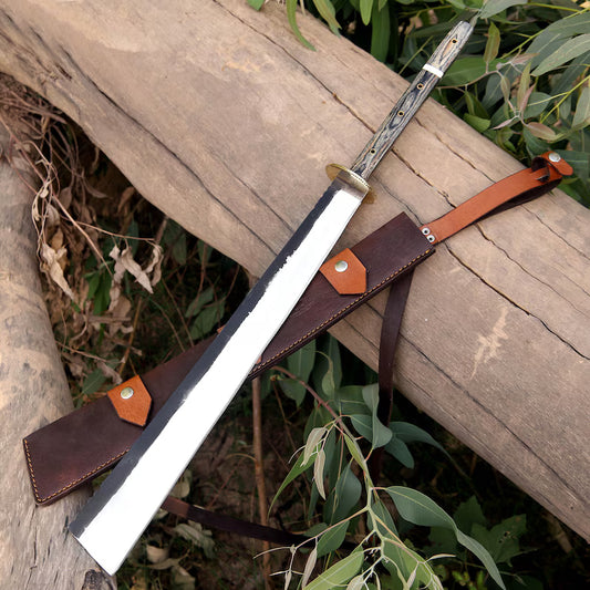 Arham Cutlery Handcrafted J2 Steel Machete – 30.5” Full Tang Bushcraft Blade with Wood & Resin Handle and Leather Sheath