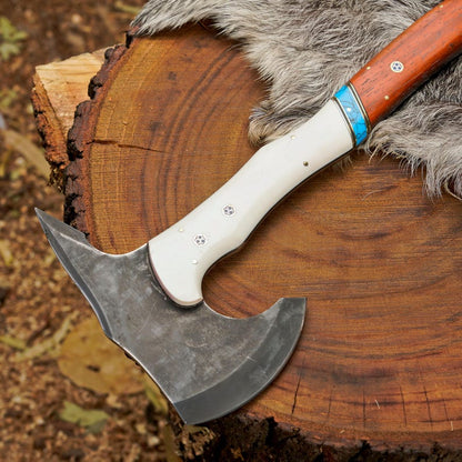 Custom Bushcraft Hatchet with Paddock Wood Handle | Handmade 1095 Steel Outdoor Axe with Leather Sheath Arham Cutlery