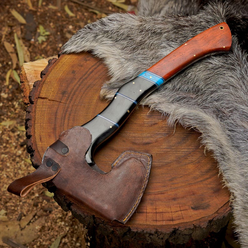 Custom Handmade Outdoor Hatchet with Turquoise & Resin Handle | 1095 High Carbon Steel Bushcraft Axe Arham Cutlery