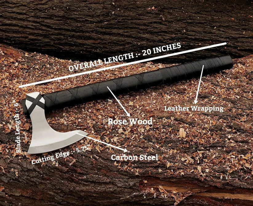 A hand axe/tomahawk with a black wrapped handle and silver blade resting on wood shavings, overlaid with labeled dimensions and material callouts including overall length 20 inches, rose wood, leather wrapping, and carbon steel.
