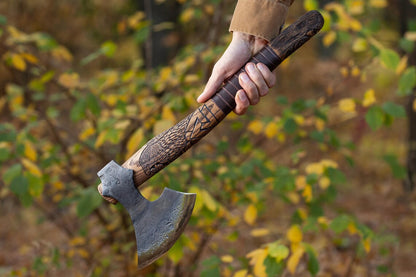 Handmade Odin Viking Forest Axe – Baltic Carving Hatchet with Ash Wood Handle & Leather Case Arham Cutlery
