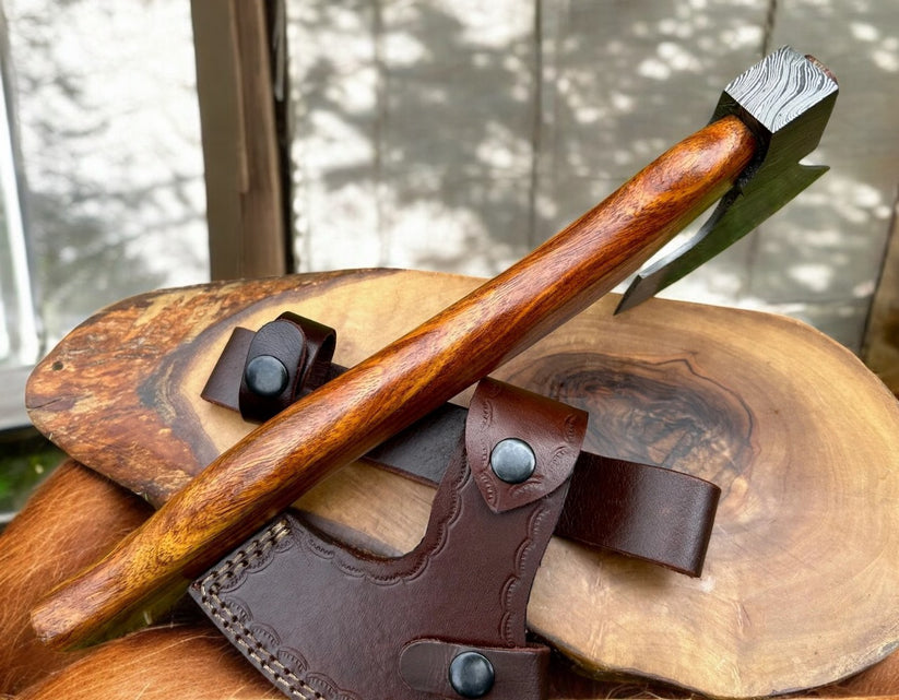 Artisan Damascus Hatchet with Rosewood Grip | Handmade Twisted Pattern Steel Axe & Leather Sheath Arham Cutlery