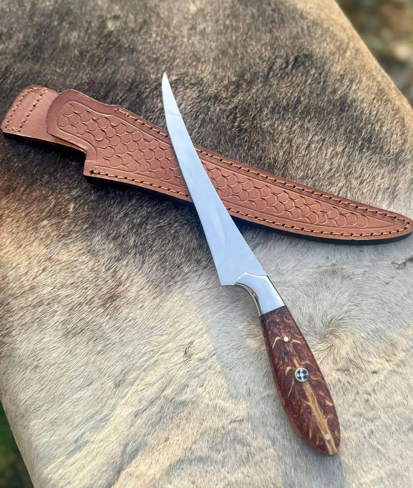 Arham Cutlery Handmade Carbon Steel Fillet & Hunting Knife – 11.5” Trailing Point Fishing Blade with Leather Sheath