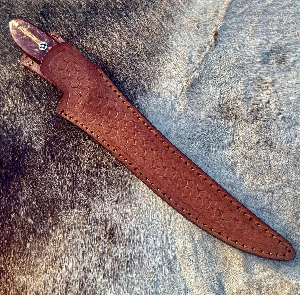 Arham Cutlery Handmade Carbon Steel Fillet & Hunting Knife – 11.5” Trailing Point Fishing Blade with Leather Sheath