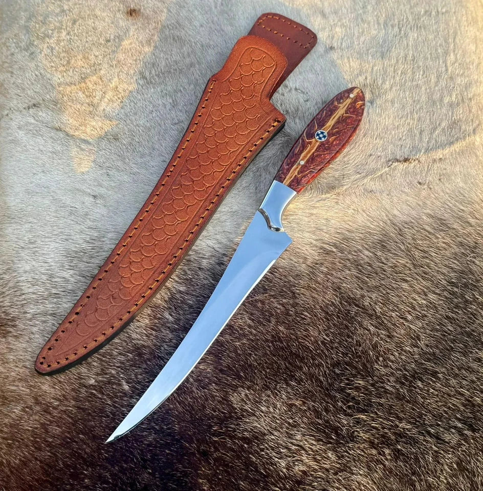 Arham Cutlery Handmade Carbon Steel Fillet & Hunting Knife – 11.5” Trailing Point Fishing Blade with Leather Sheath