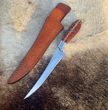 Arham Cutlery Handmade Carbon Steel Fillet & Hunting Knife – 11.5” Trailing Point Fishing Blade with Leather Sheath