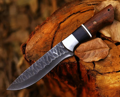 Arham Cutlery Custom Handmade Carbon Steel Hunting Knife – 11” Artisan Blade with Bone & Wood Handle and Leather Sheath