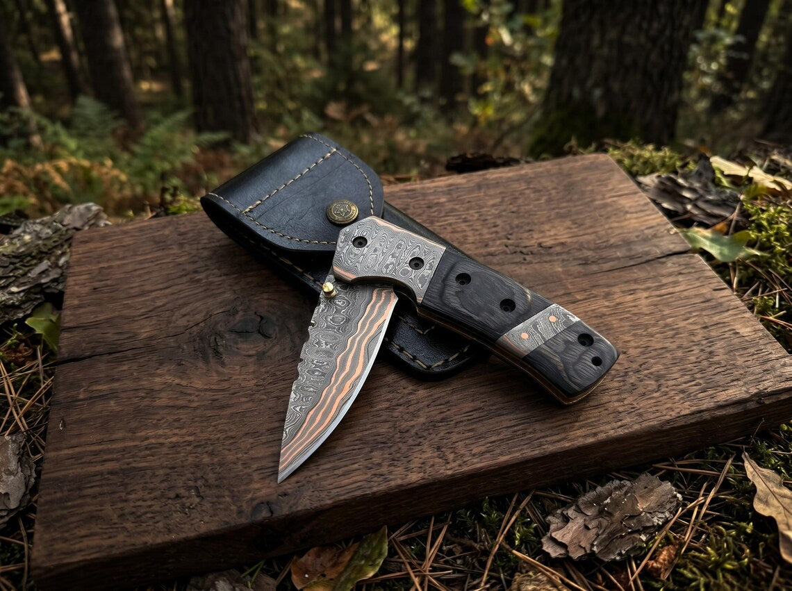 Custom Copper Damascus Pocket Knife – Handmade Folding EDC Knife with Leather Sheath for Collectors & Gift Giving Arham Cutlery