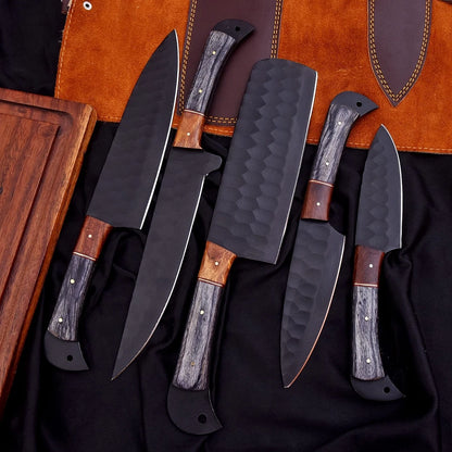 Handmade D2 Hammered Steel 5-Piece Chef Knife Set with Wood Handles & Leather Carry Bag | Arham Cutlery