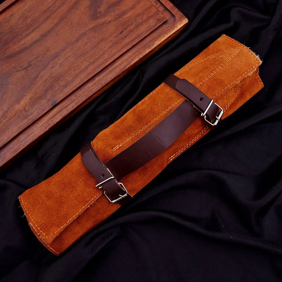 Handmade D2 Hammered Steel 5-Piece Chef Knife Set with Wood Handles & Leather Carry Bag | Arham Cutlery