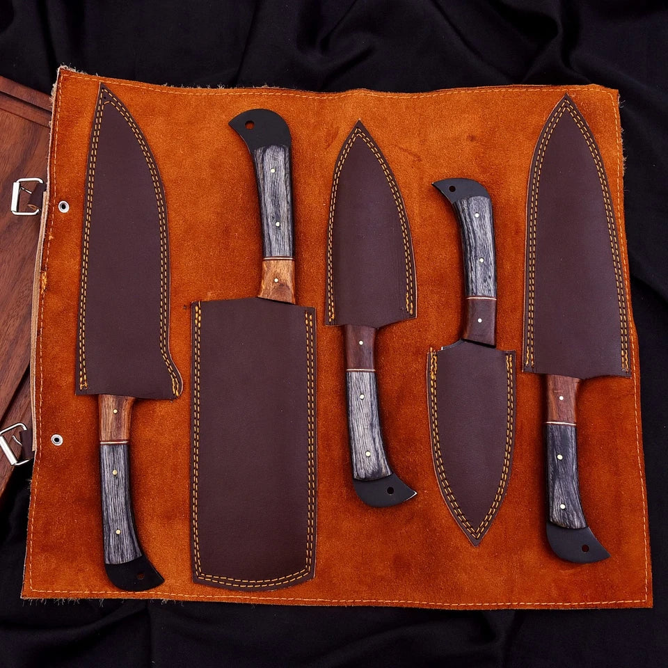 Handmade D2 Hammered Steel 5-Piece Chef Knife Set with Wood Handles & Leather Carry Bag | Arham Cutlery