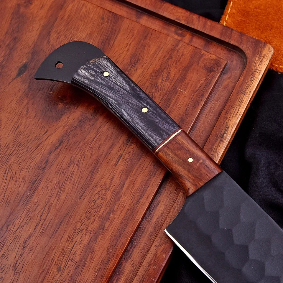 Handmade D2 Hammered Steel 5-Piece Chef Knife Set with Wood Handles & Leather Carry Bag | Arham Cutlery