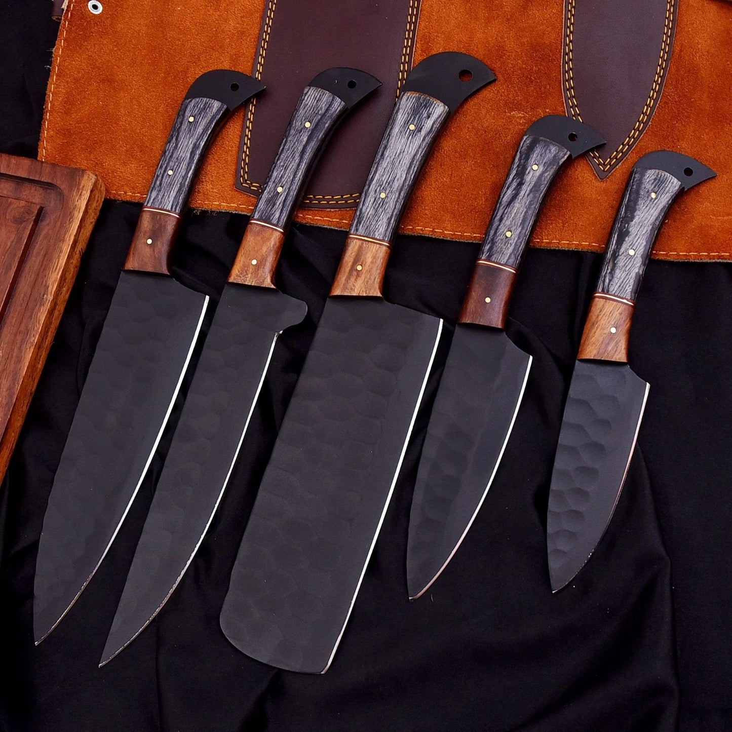Handmade D2 Hammered Steel 5-Piece Chef Knife Set with Wood Handles & Leather Carry Bag | Arham Cutlery