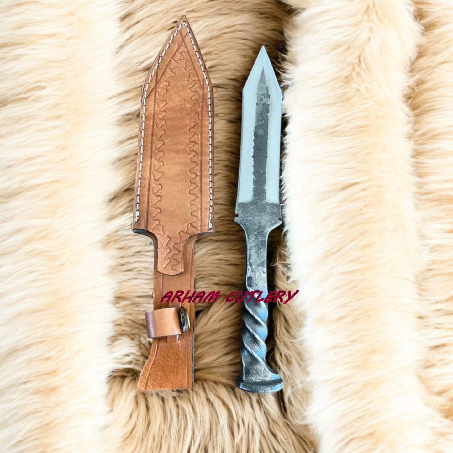 Heavy Duty Handmade D2 Railroad Dagger with Leather Sheath | 11.5” Custom Forged | Arham Cutlery