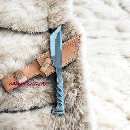 Heavy-Duty Handmade D2 Railroad Tanto Knife – 9″ Custom Forged Blade with Leather Sheath