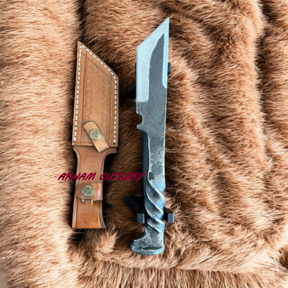 Heavy-Duty Handmade D2 Railroad Tanto Knife – 9″ Custom Forged Blade with Leather Sheath