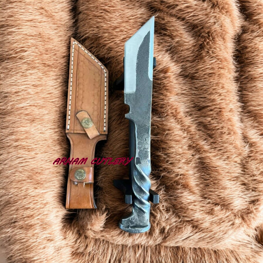 Heavy-Duty Handmade D2 Railroad Tanto Knife – 9″ Custom Forged Blade with Leather Sheath