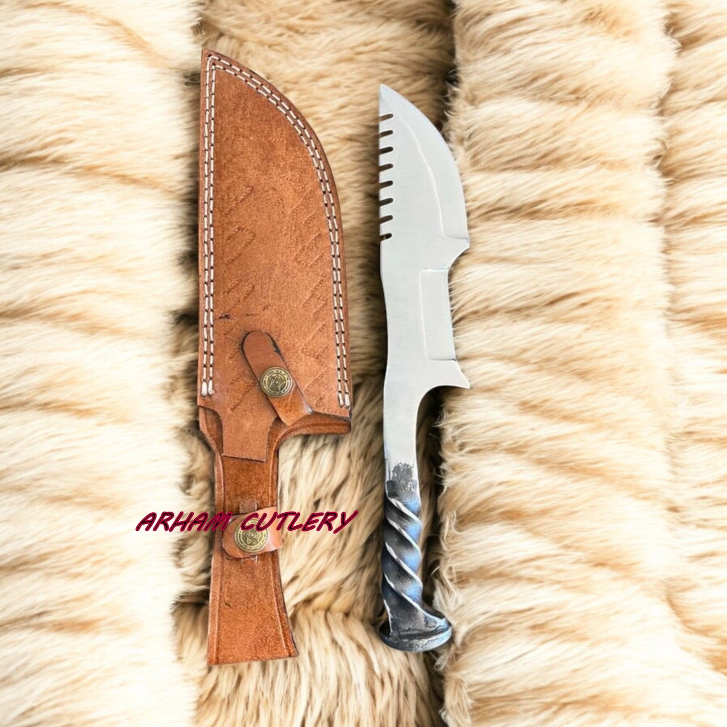 Heavy Duty Handmade D2 Railroad Tracker Knife with Leather Sheath | 11.5” Custom Forged | Arham Cutlery