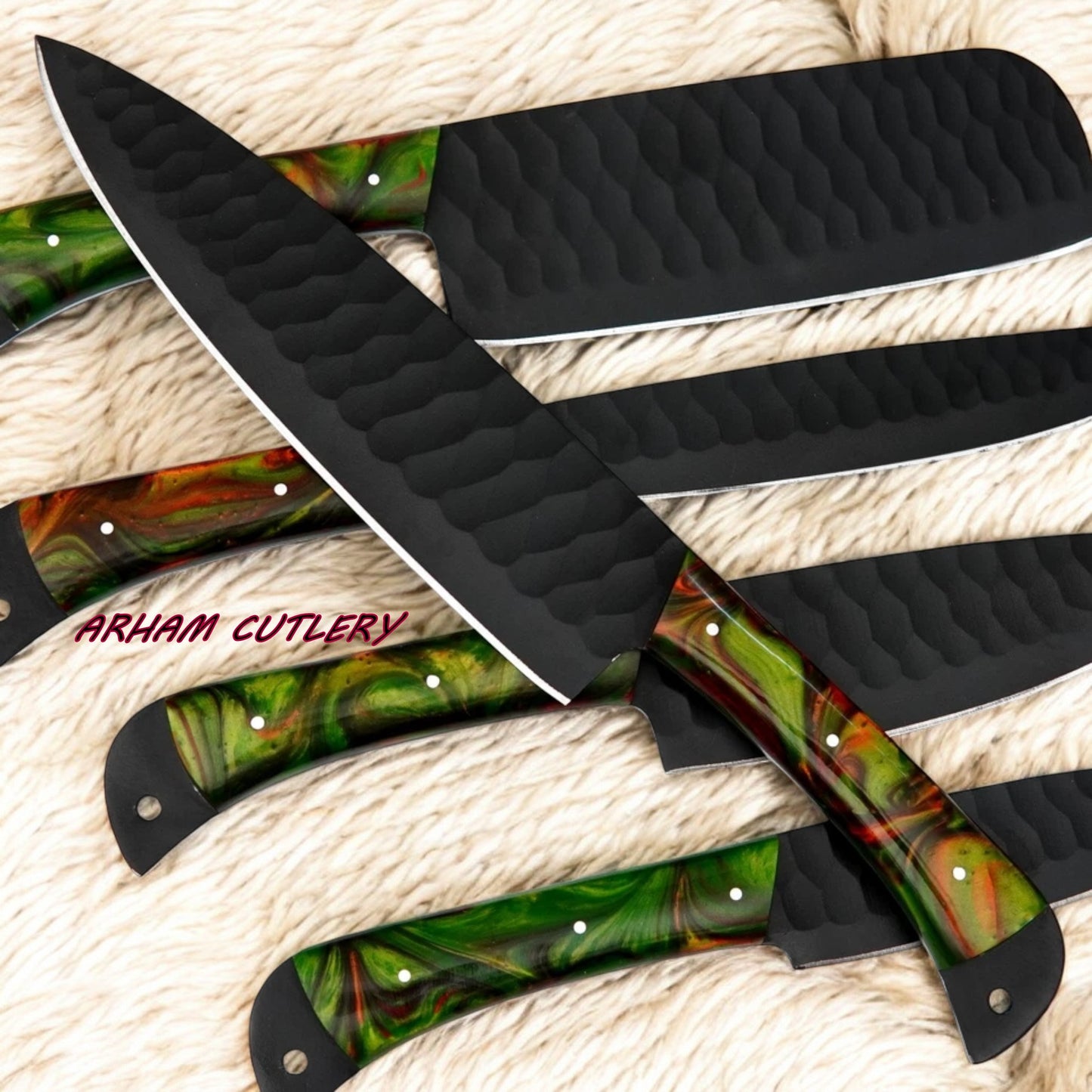 Handmade D2 Steel 5-Piece Chef Knife Set – Hammered Black Finish, Green Swirl Resin Handles & Leather Carry Bag | Arham Cutlery