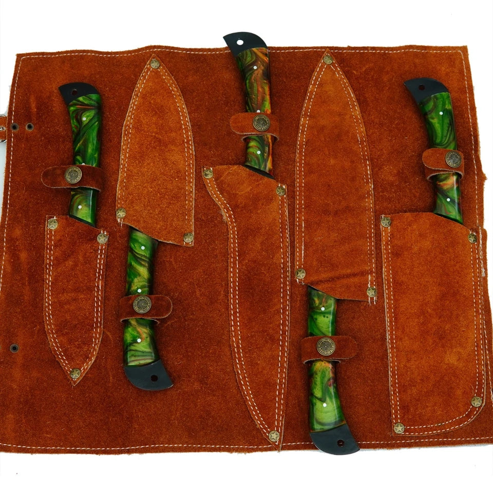 Handmade D2 Steel 5-Piece Chef Knife Set – Hammered Black Finish, Green Swirl Resin Handles & Leather Carry Bag | Arham Cutlery
