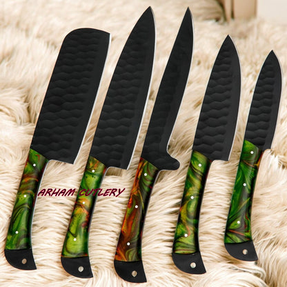 Handmade D2 Steel 5-Piece Chef Knife Set – Hammered Black Finish, Green Swirl Resin Handles & Leather Carry Bag | Arham Cutlery