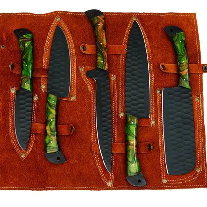 Handmade D2 Steel 5-Piece Chef Knife Set – Hammered Black Finish, Green Swirl Resin Handles & Leather Carry Bag | Arham Cutlery