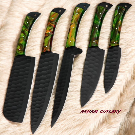Handmade D2 Steel 5-Piece Chef Knife Set – Hammered Black Finish, Green Swirl Resin Handles & Leather Carry Bag | Arham Cutlery