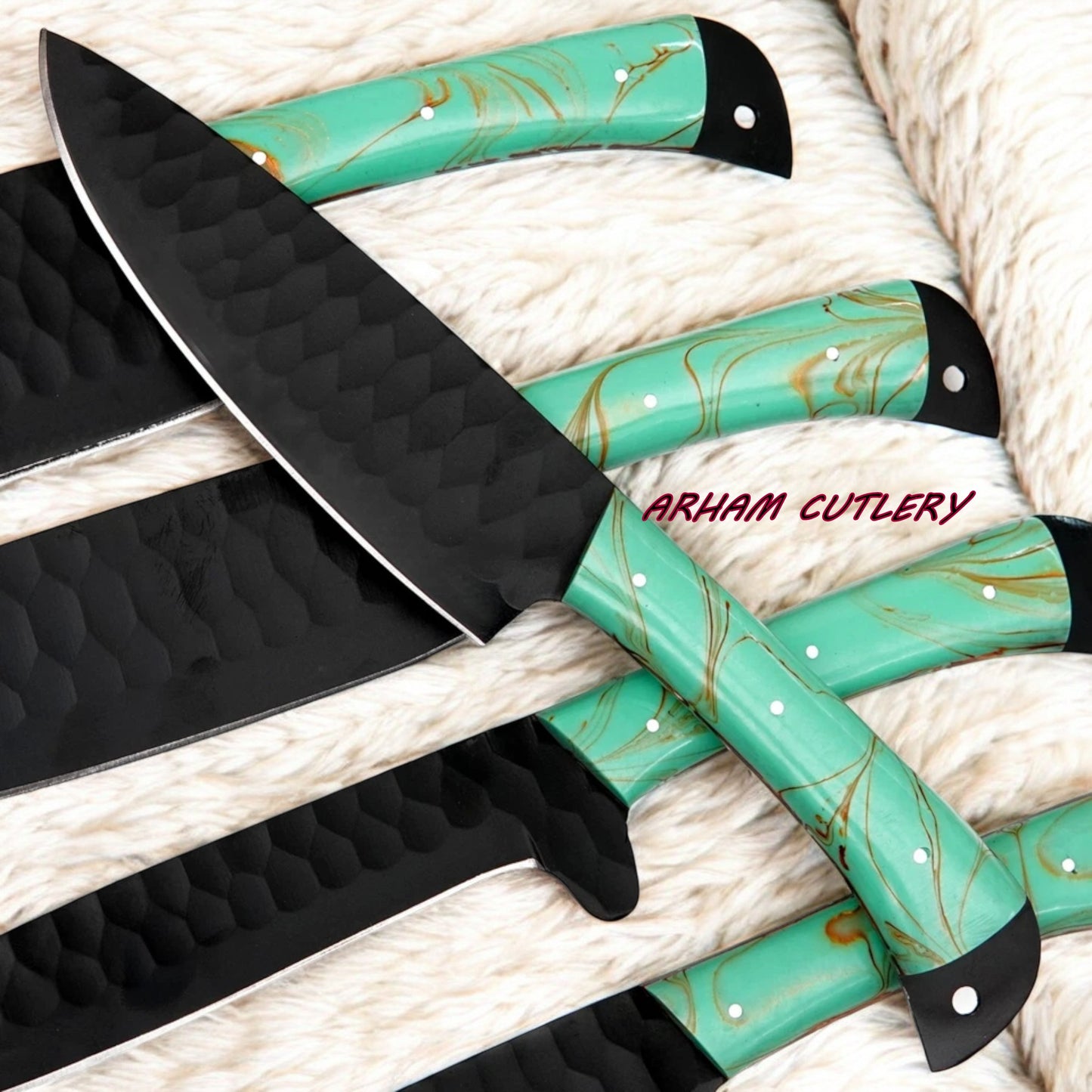 Handmade D2 Steel 5-Piece Chef Knife Set – Hammered Black Blades, Green Resin Handles & Leather Roll | Arham Cutlery