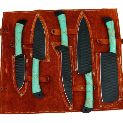 Handmade D2 Steel 5-Piece Chef Knife Set – Hammered Black Blades, Green Resin Handles & Leather Roll | Arham Cutlery