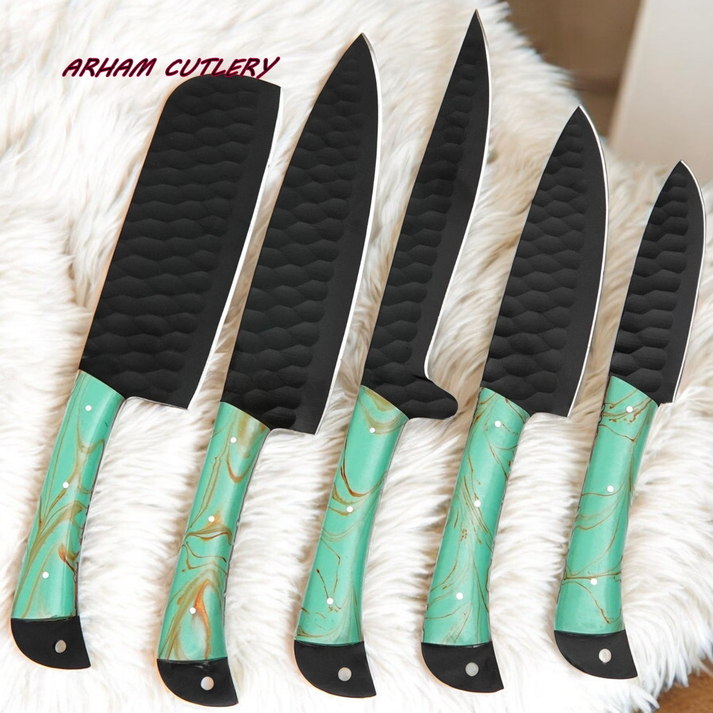 Handmade D2 Steel 5-Piece Chef Knife Set – Hammered Black Blades, Green Resin Handles & Leather Roll | Arham Cutlery