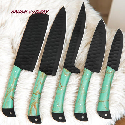 Handmade D2 Steel 5-Piece Chef Knife Set – Hammered Black Blades, Green Resin Handles & Leather Roll | Arham Cutlery