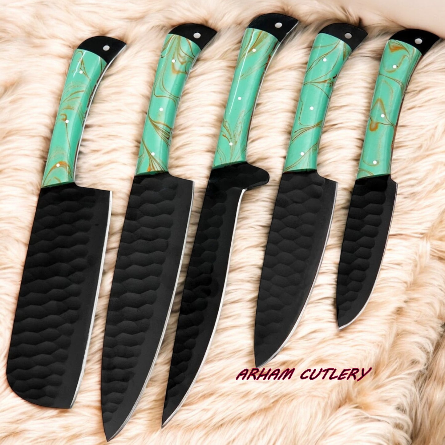 Handmade D2 Steel 5-Piece Chef Knife Set – Hammered Black Blades, Green Resin Handles & Leather Roll | Arham Cutlery