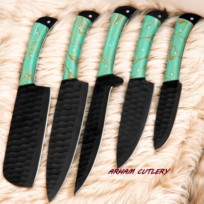 Handmade D2 Steel 5-Piece Chef Knife Set – Hammered Black Blades, Green Resin Handles & Leather Roll | Arham Cutlery