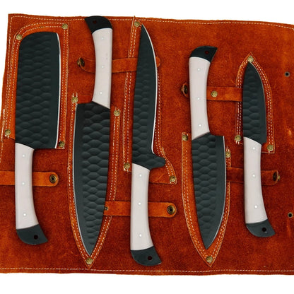 Hand-Forged D2 Steel 5-Piece Chef Knife Set – Hammered Finish, Resin Handles & Leather Roll | Arham Cutlery
